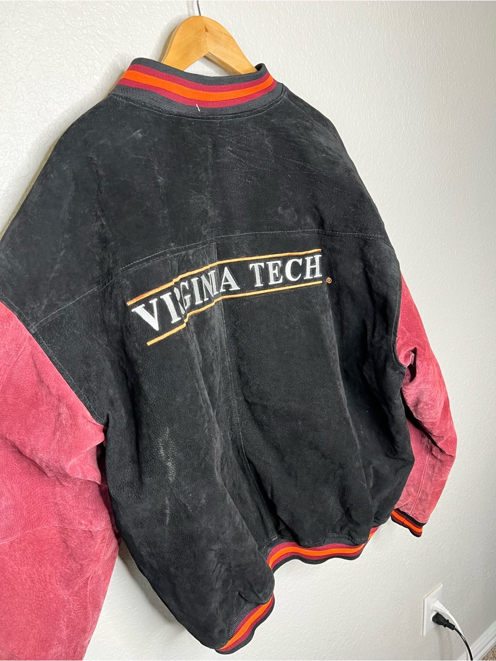 Vintage Virginia Tech Hokies Suede Leather Bomber Jacket XXL VT Varsity Coat 2XL - Picture 9 of 13